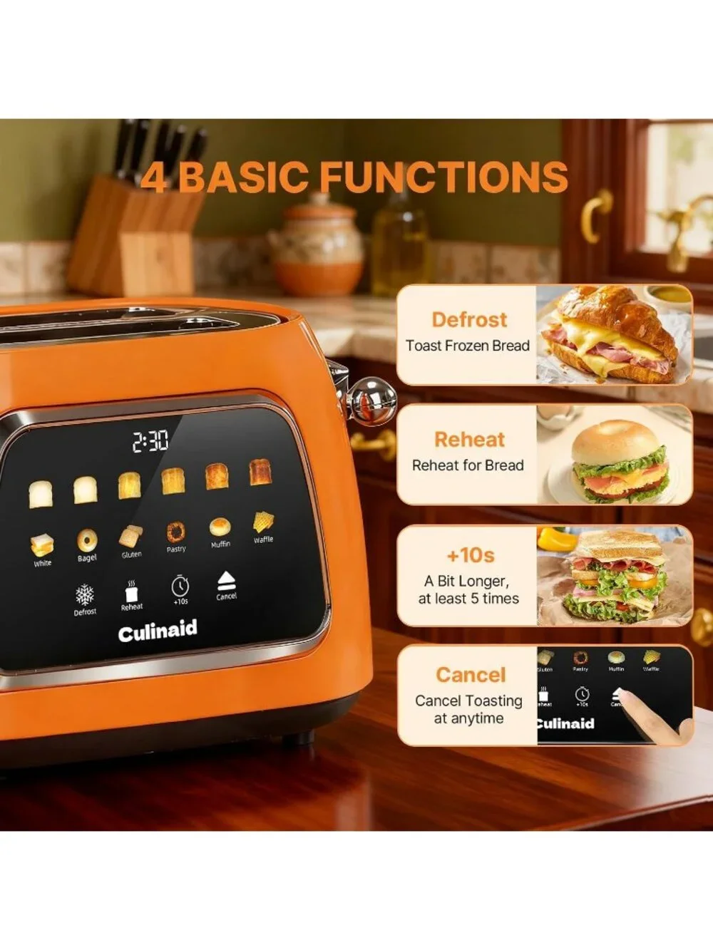 2 Slice Orange Touch Screen Retro 1.5'' Extra Wide Slot Stainless Steel Toaster